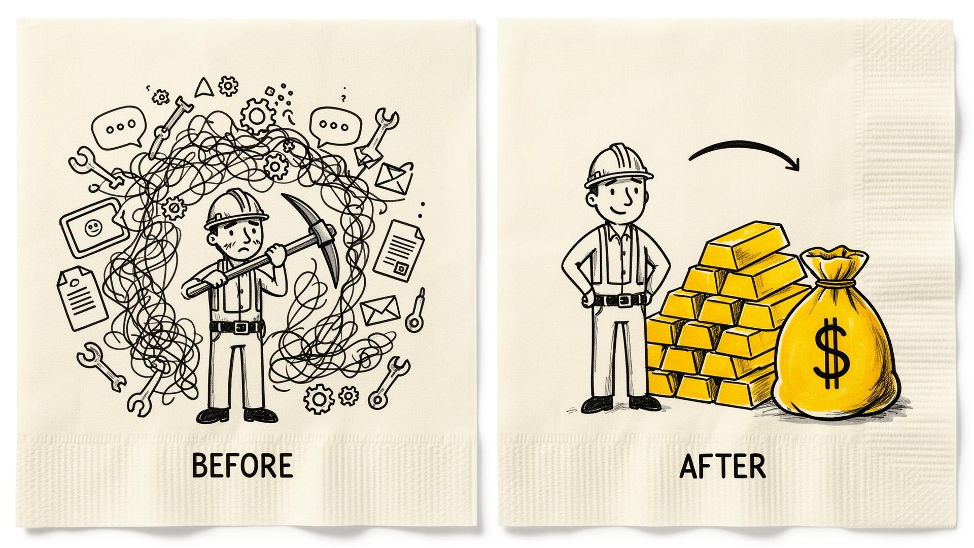 Hand-drawn before-and-after sketch: a chaotic miner surrounded by scattered tools, then the same miner with neatly stacked gold and a money bag.